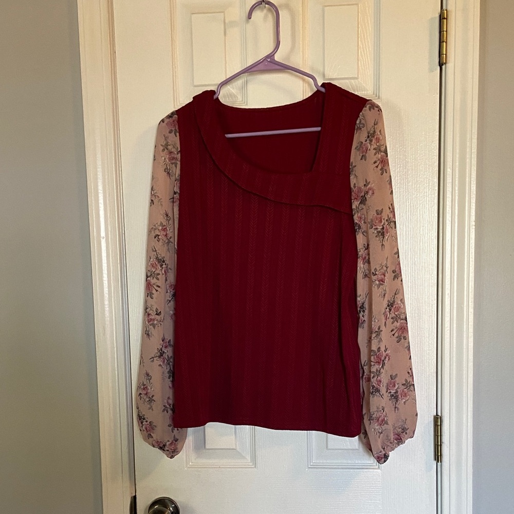 SHEIN Burgundy Blouse with Floral Sleeves